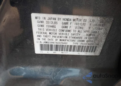 2010 Honda Fit Sport from USA, damaged, VIN JHMGE8H47AC028480